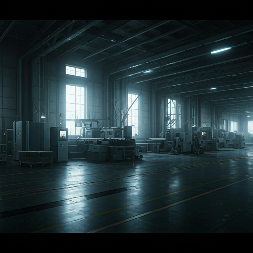 A dark manufacturing facility floor